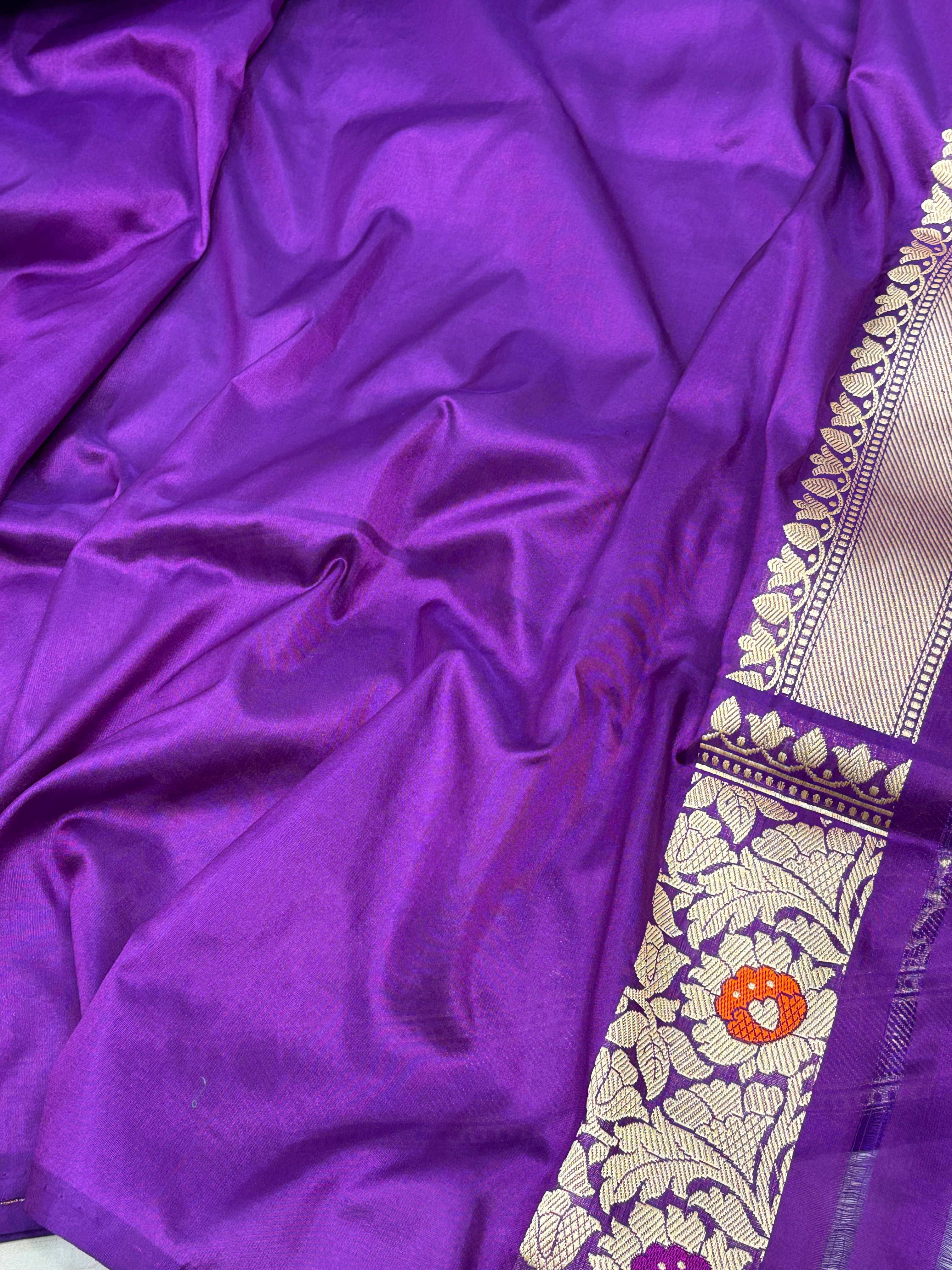 Teal Blue Handwoven Banarasi Tissue Silk Saree with Purple Meenakari Kadhiyal Katan Silk Border