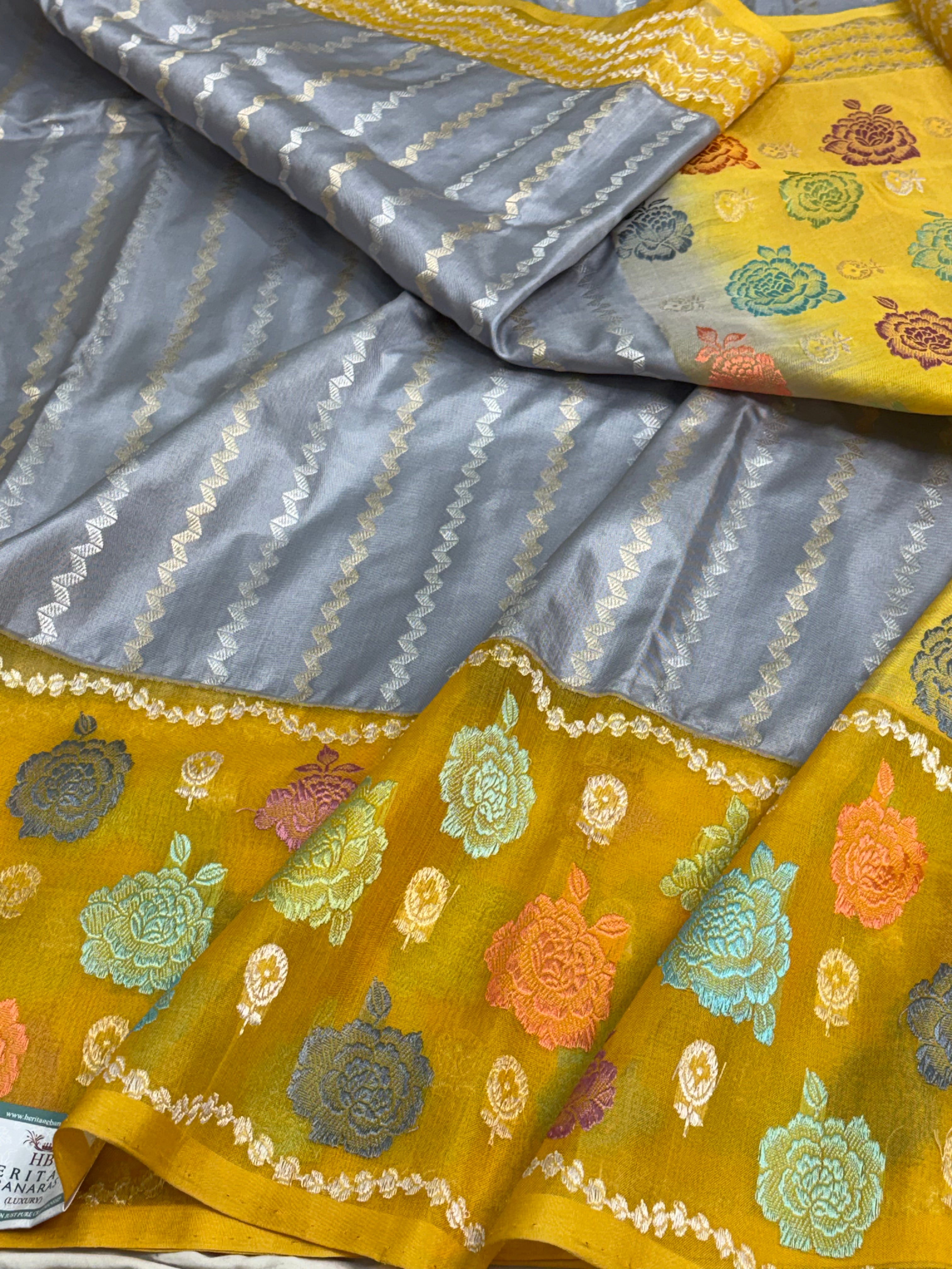 Steel Grey Handwoven Pure Banarasi Katan Silk Saree with Silver Zari Stripe Pattern