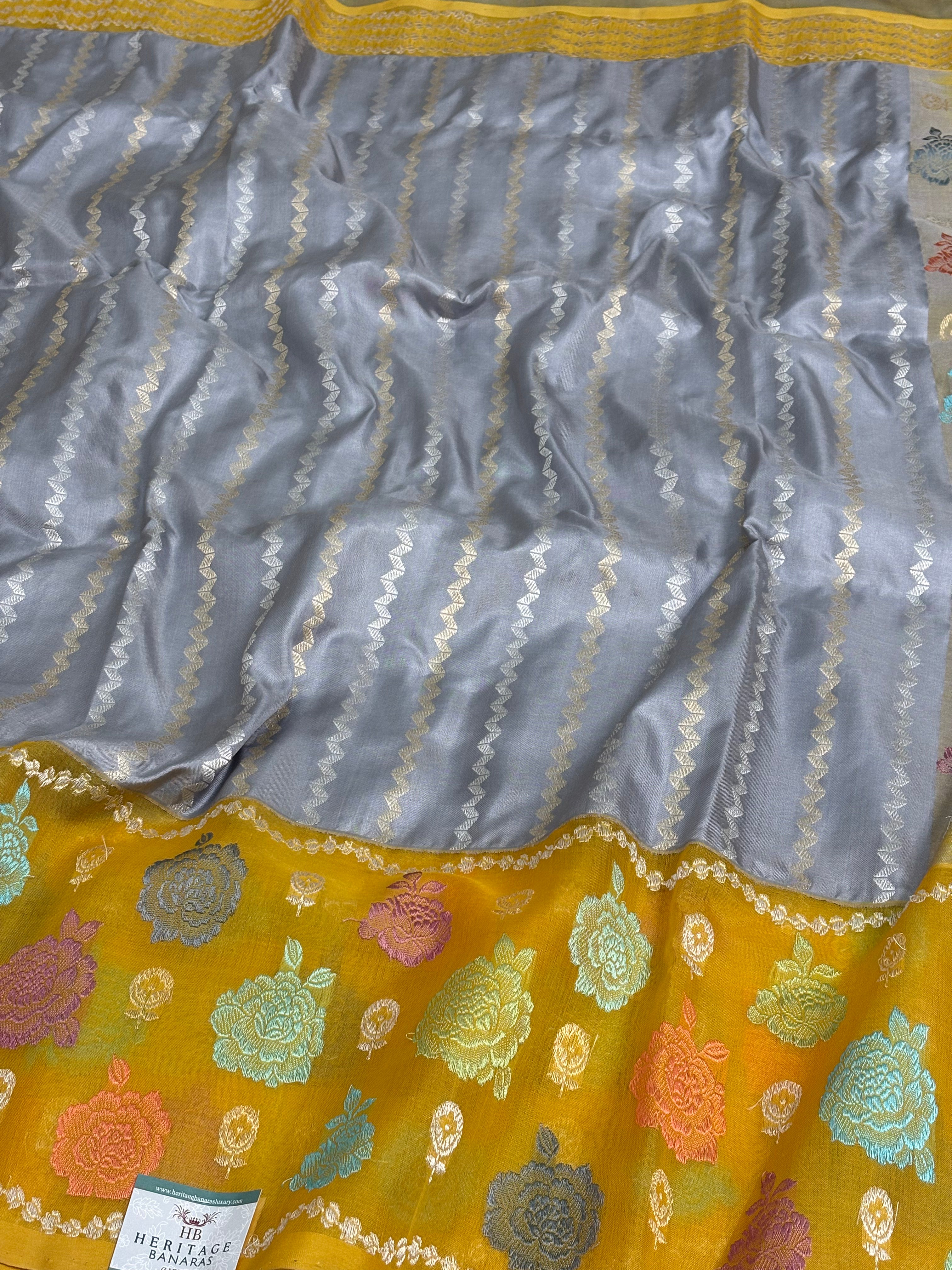Steel Grey Handwoven Pure Banarasi Katan Silk Saree with Silver Zari Stripe Pattern