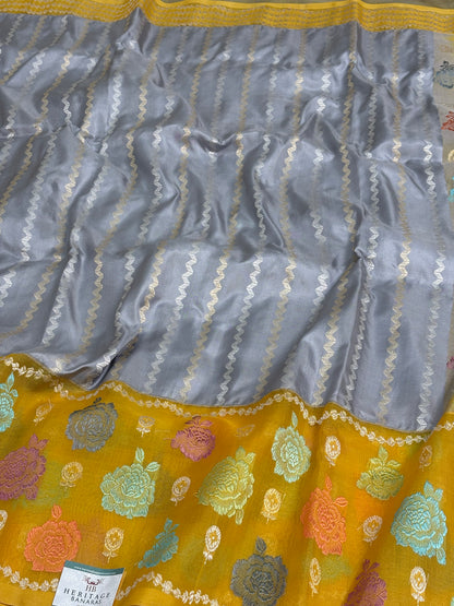 Steel Grey Handwoven Pure Banarasi Katan Silk Saree with Silver Zari Stripe Pattern