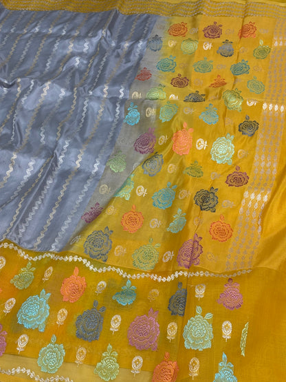 Steel Grey Handwoven Pure Banarasi Katan Silk Saree with Silver Zari Stripe Pattern
