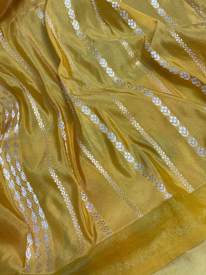 Steel Grey Handwoven Pure Banarasi Katan Silk Saree with Silver Zari Stripe Pattern