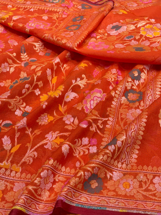 Orange Banarasi cotton Jamdani handloom Saree