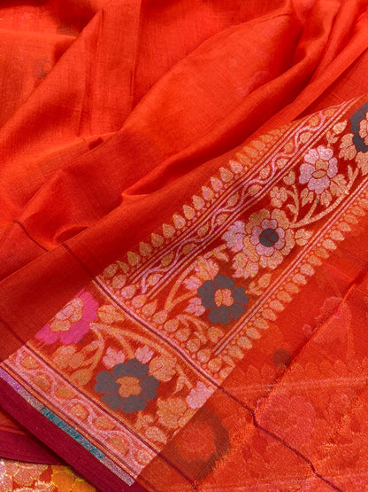 Orange Banarasi cotton Jamdani handloom Saree