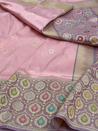 Silver Pink Handwoven Banarasi Tissue Silk saree with Mauve Katan Silk Meenakari Border