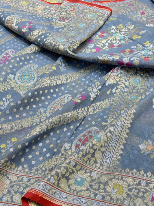 Grey Banarasi cotton Jamdani handloom Saree