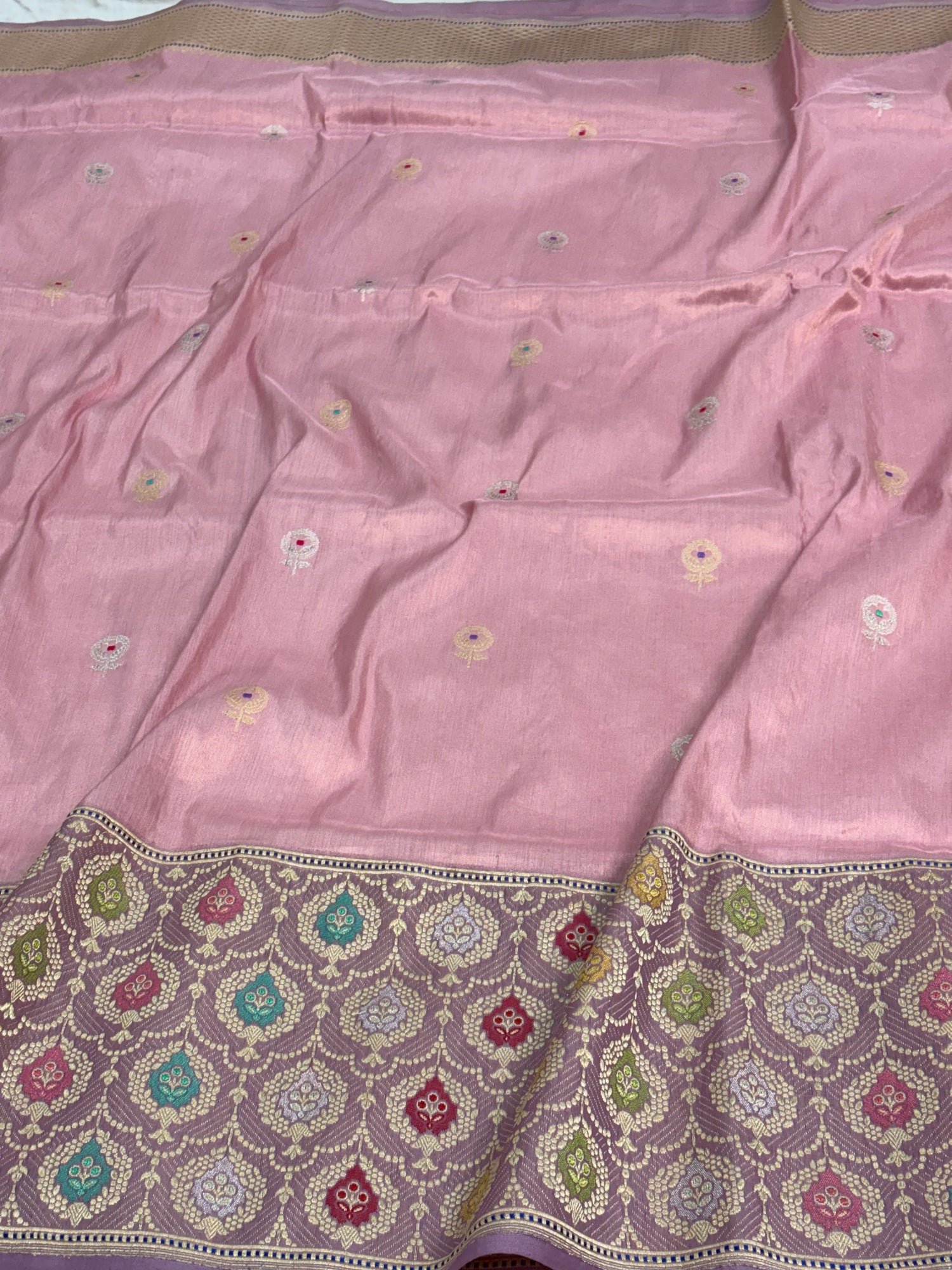 Silver Pink Handwoven Banarasi Tissue Silk saree with Mauve Katan Silk Meenakari Border