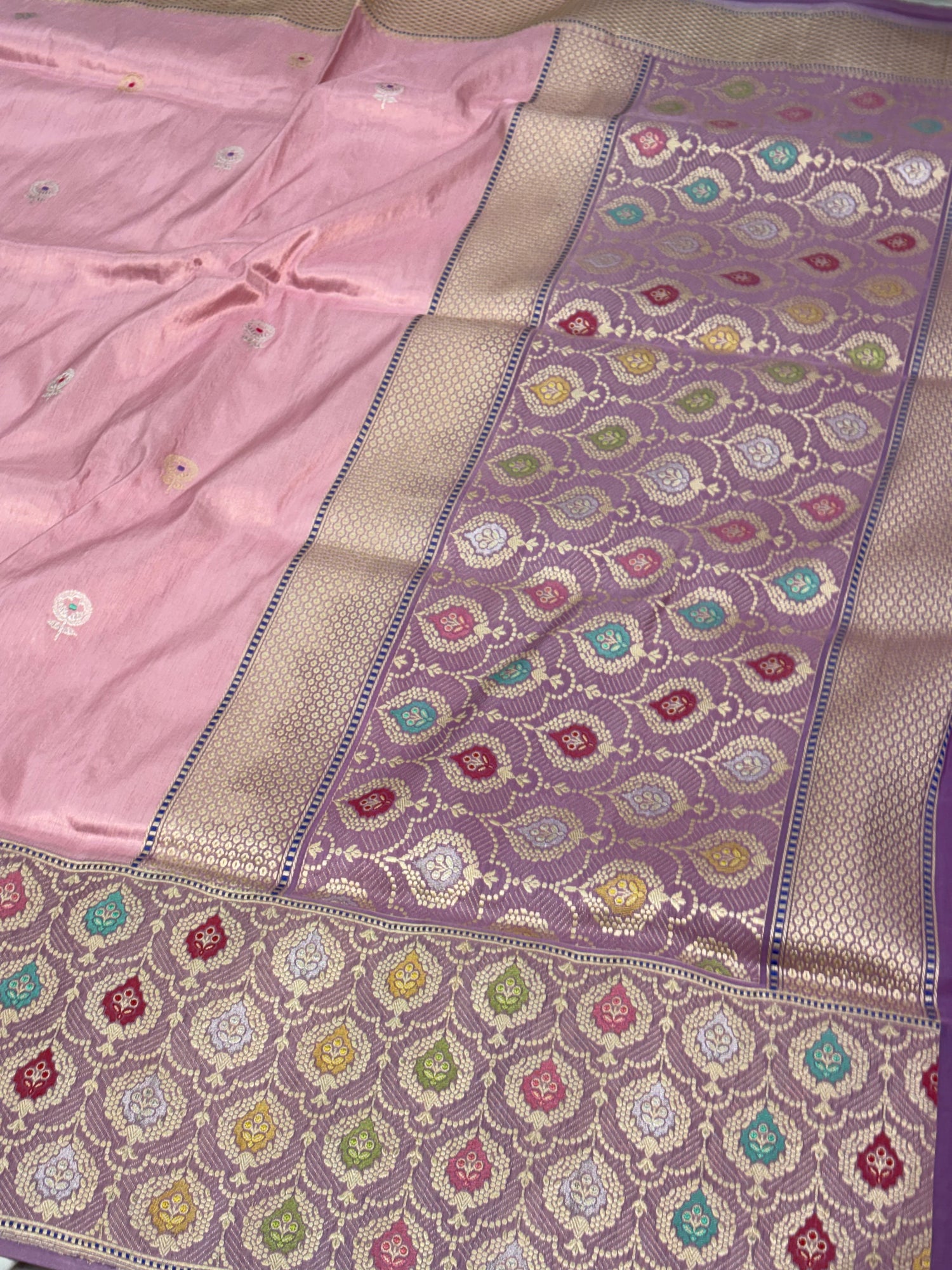 Silver Pink Handwoven Banarasi Tissue Silk saree with Mauve Katan Silk Meenakari Border