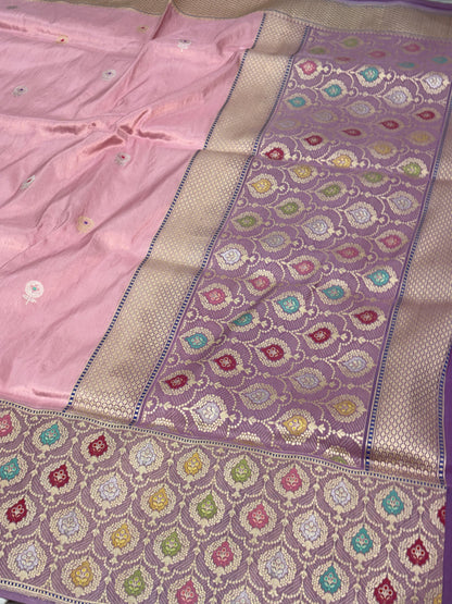 Silver Pink Handwoven Banarasi Tissue Silk saree with Mauve Katan Silk Meenakari Border