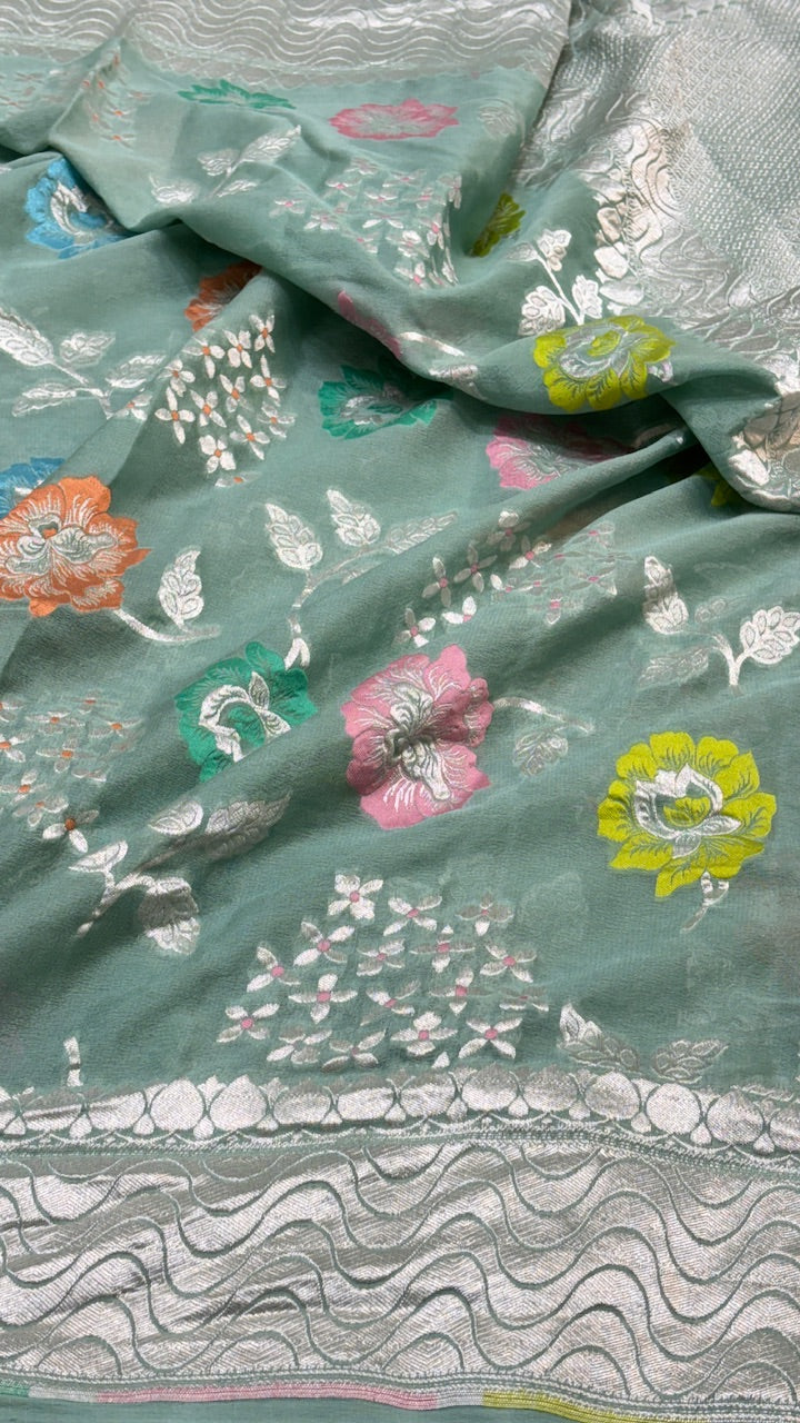 Forest Green Banarasi Pure Chiffon Silk Saree