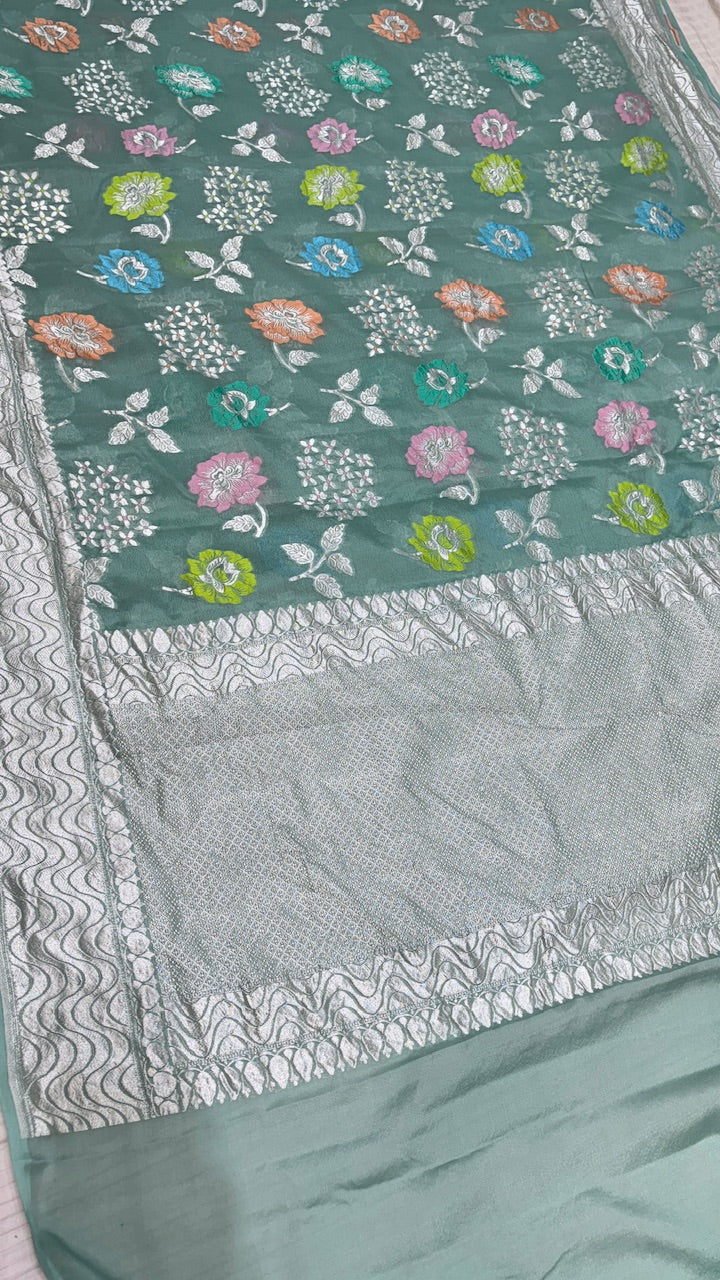 Forest Green Banarasi Pure Chiffon Silk Saree