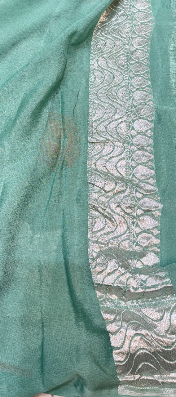 Forest Green Banarasi Pure Chiffon Silk Saree