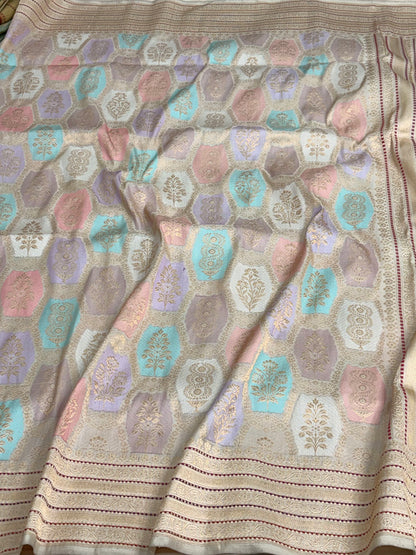 Ivory Handwoven Rangkaat Pure Banarasi Katan Silk Saree with Multicolor Meenakari Motifs