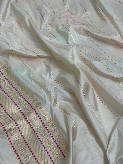 Ivory Handwoven Rangkaat Pure Banarasi Katan Silk Saree with Multicolor Meenakari Motifs