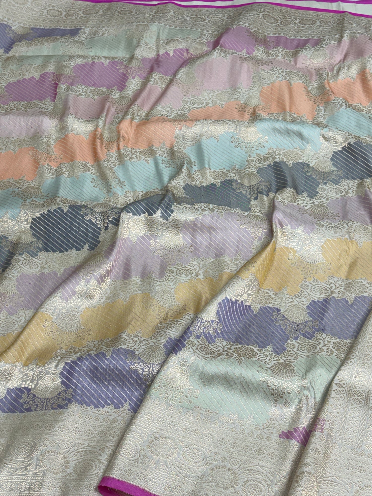 Pastel Multicolor with Soft Ivory Base Handwoven Rangkaat Banarasi Silk Saree