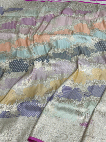 Pastel Multicolor with Soft Ivory Base Handwoven Rangkaat Banarasi Silk Saree
