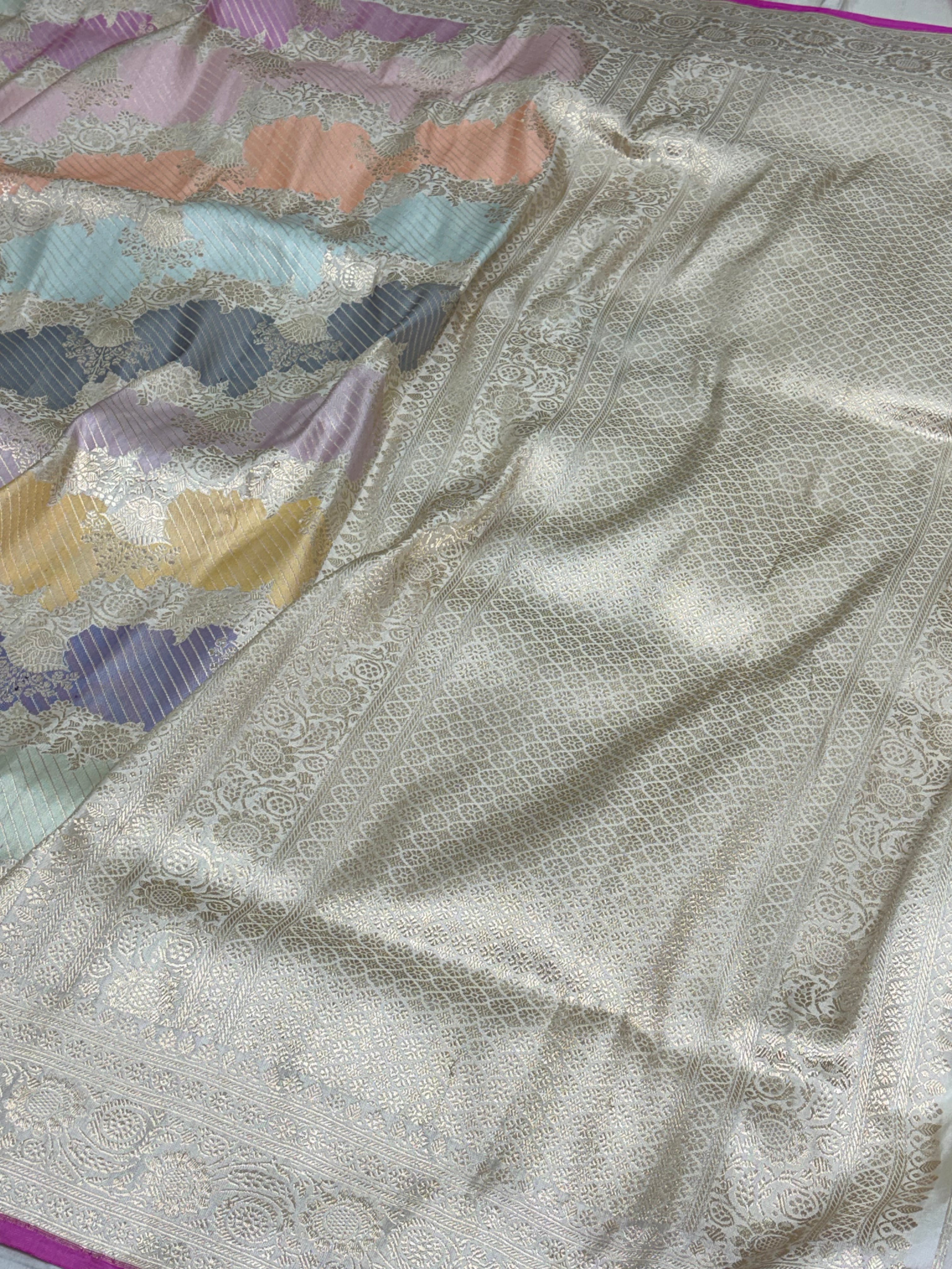 Pastel Multicolor with Soft Ivory Base Handwoven Rangkaat Banarasi Silk Saree