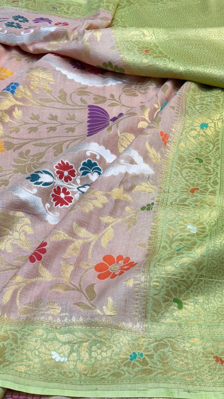 Parrot Green Pure Banarasi Tussar Handwoven Saree