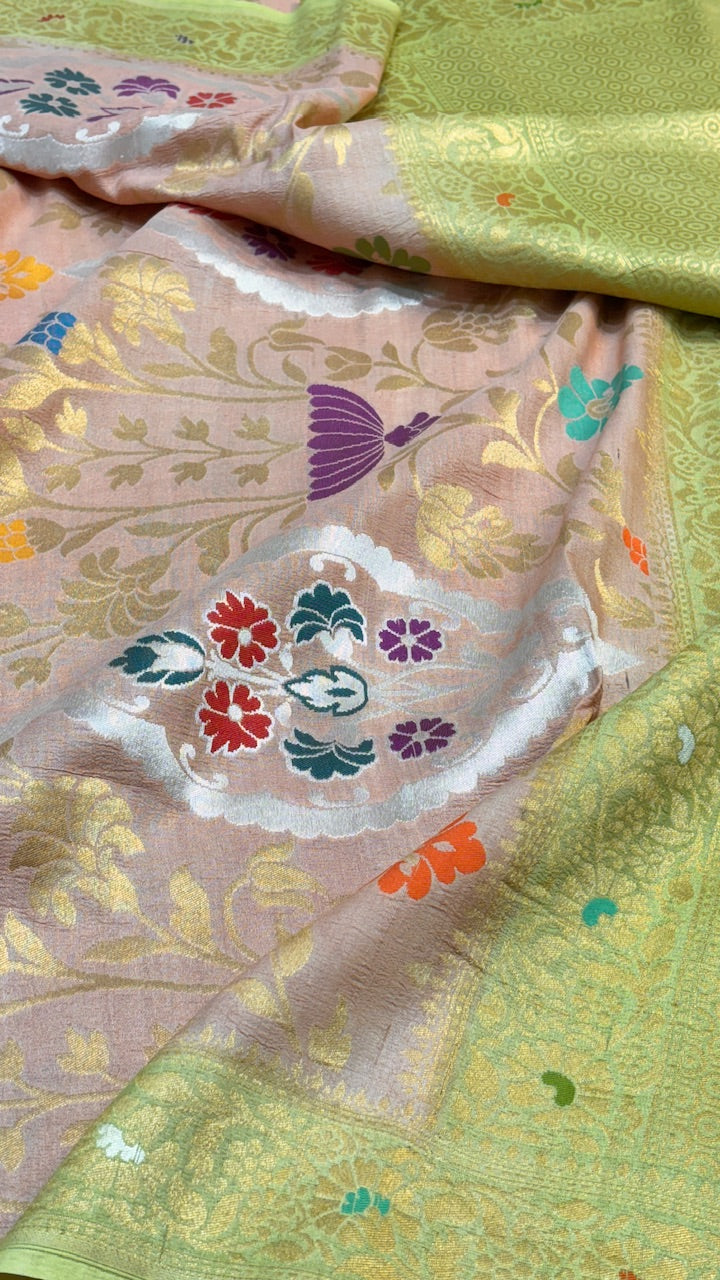 Parrot Green Pure Banarasi Tussar Handwoven Saree
