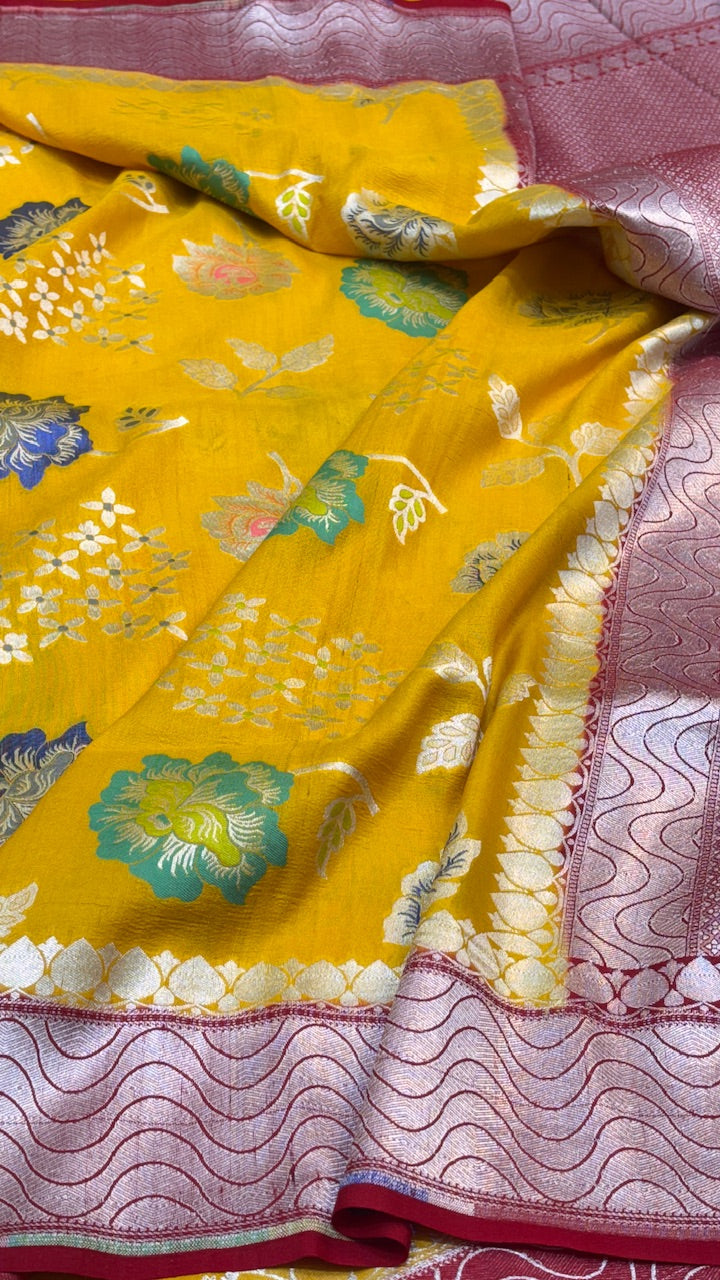 Yellow Pure Banarasi Tussar Handwoven Saree