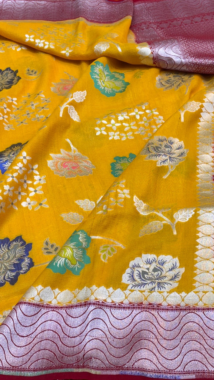 Yellow Pure Banarasi Tussar Handwoven Saree