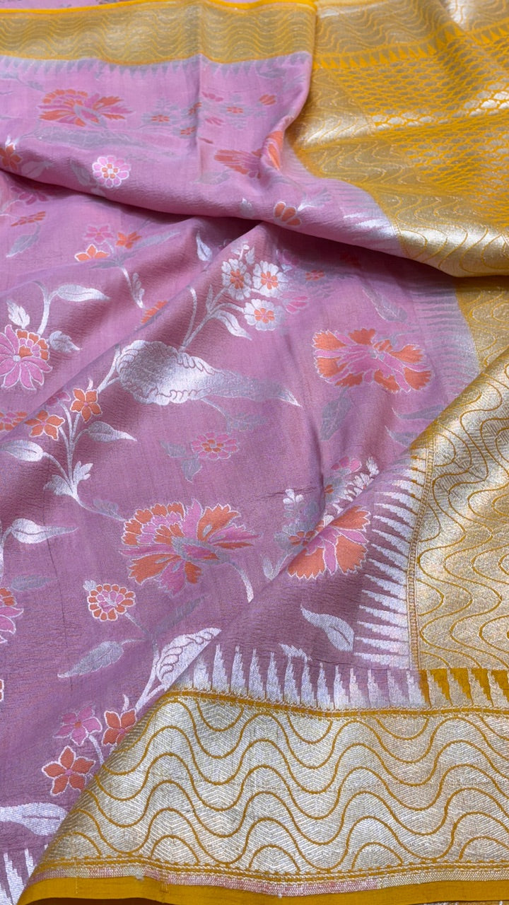 Pink Floral Pure Banarasi Tussar Handwoven Saree