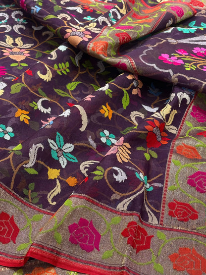 Brown Banarasi kora Handwoven Saree with Real Zari