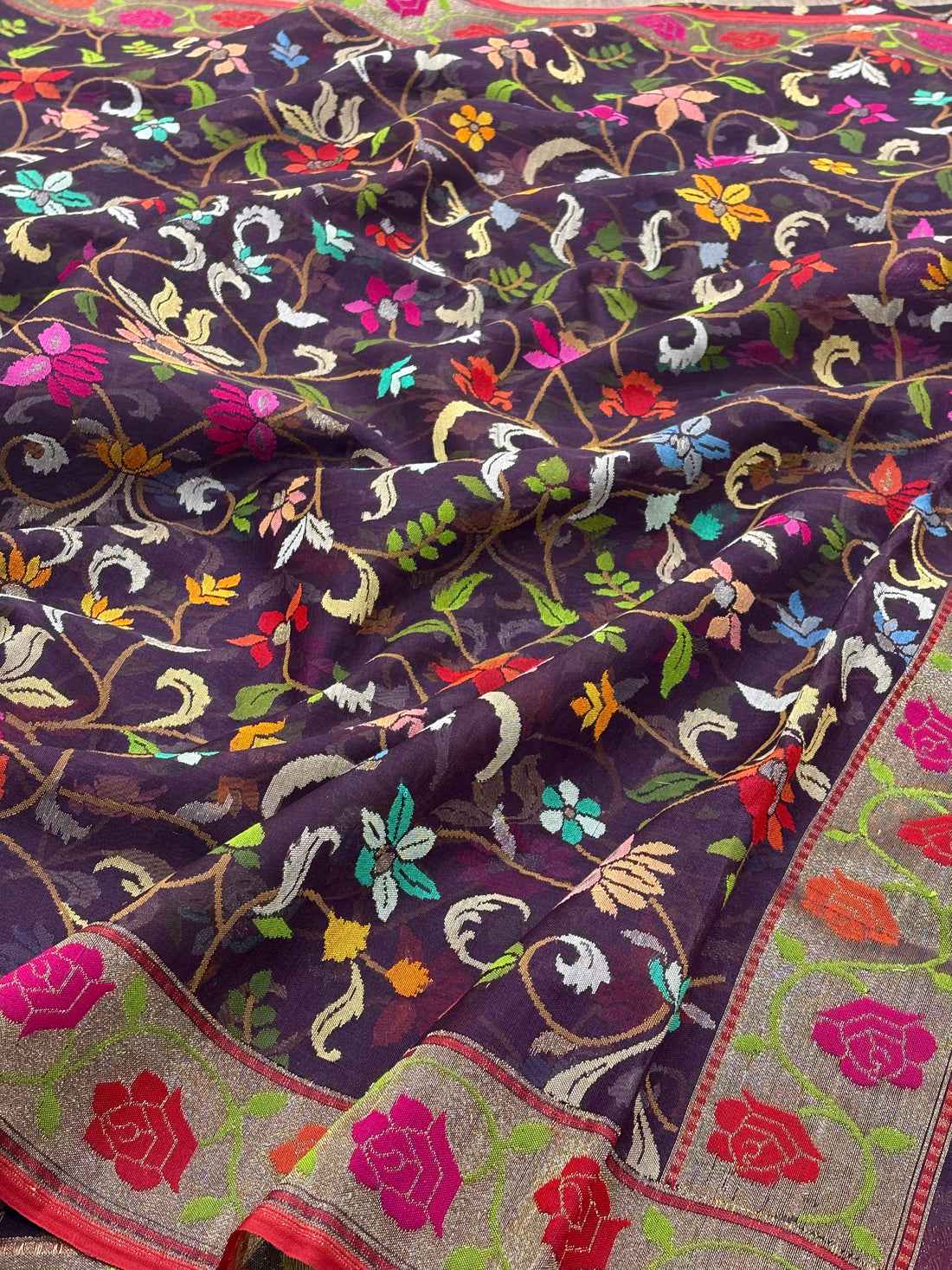 Brown Banarasi kora Handwoven Saree with Real Zari