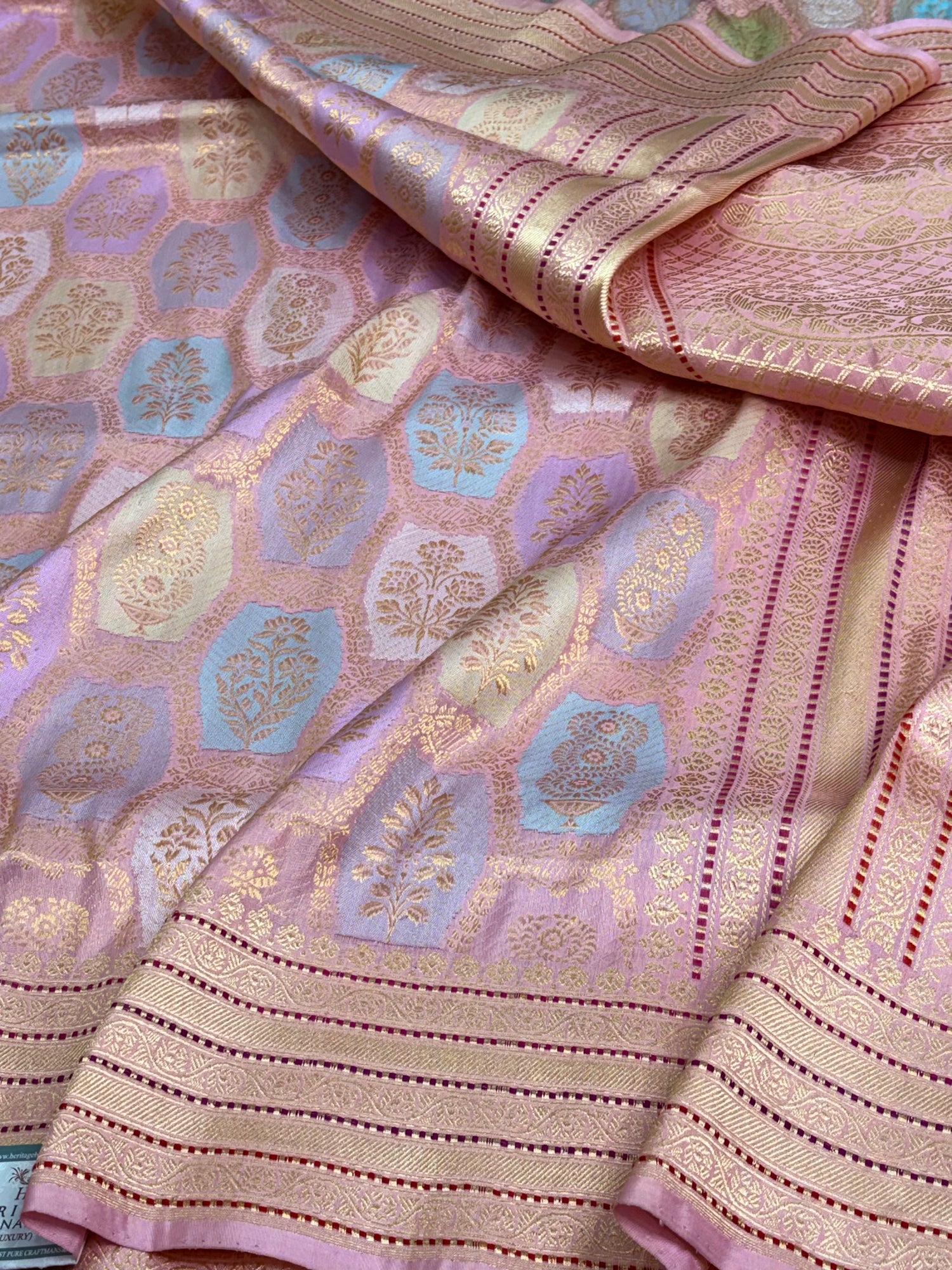 Baby Pink Banarasi Pure Katan Silk Handwoven Rangkaat Saree