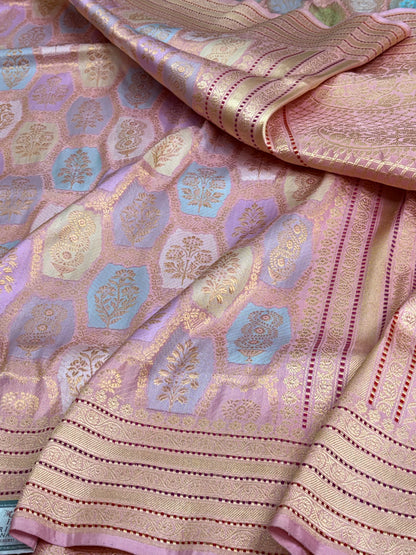 Baby Pink Banarasi Pure Katan Silk Handwoven Rangkaat Saree