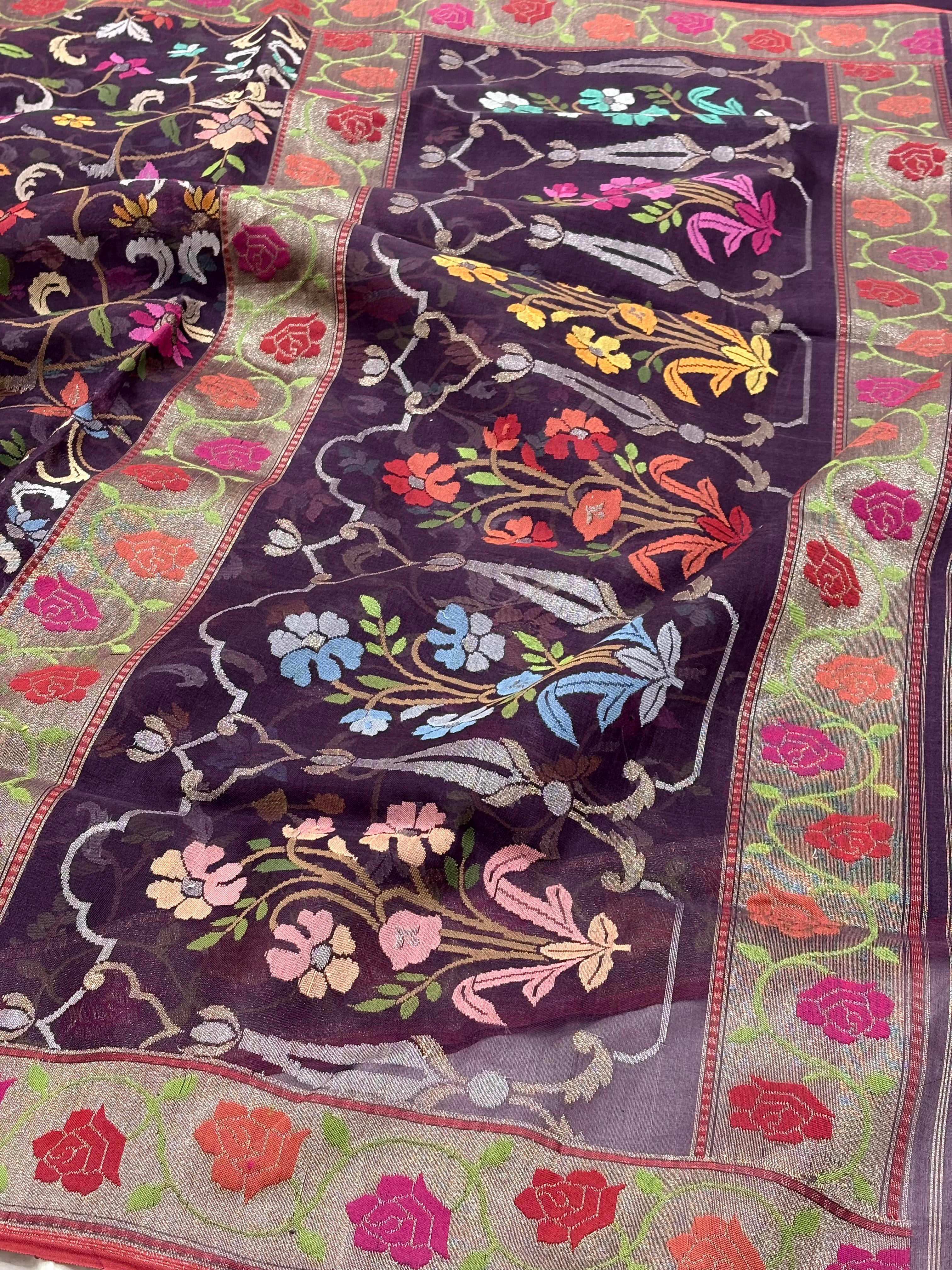 Brown Banarasi kora Handwoven Saree with Real Zari