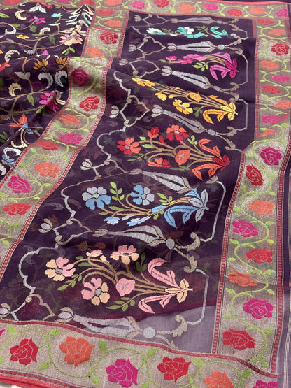 Brown Banarasi kora Handwoven Saree with Real Zari