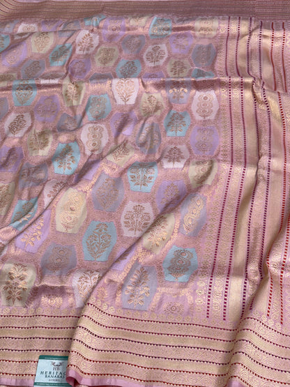Baby Pink Banarasi Pure Katan Silk Handwoven Rangkaat Saree