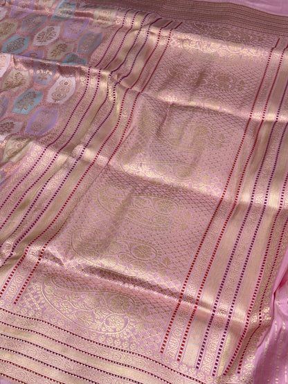 Baby Pink Banarasi Pure Katan Silk Handwoven Rangkaat Saree