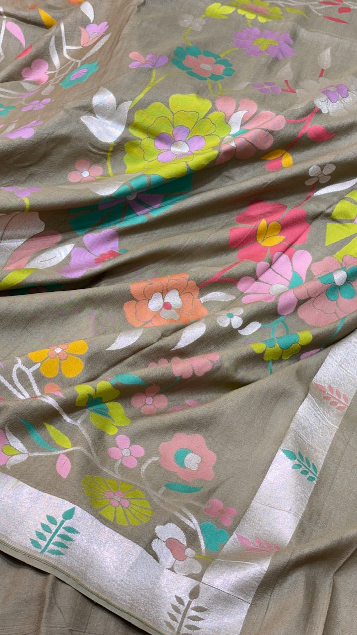 Muted Beige Pure Banarasi Tussar Handwoven Saree