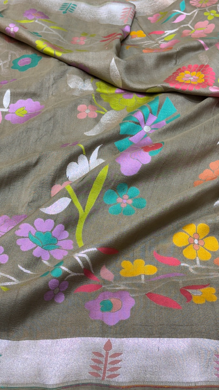 Muted Beige Pure Banarasi Tussar Handwoven Saree