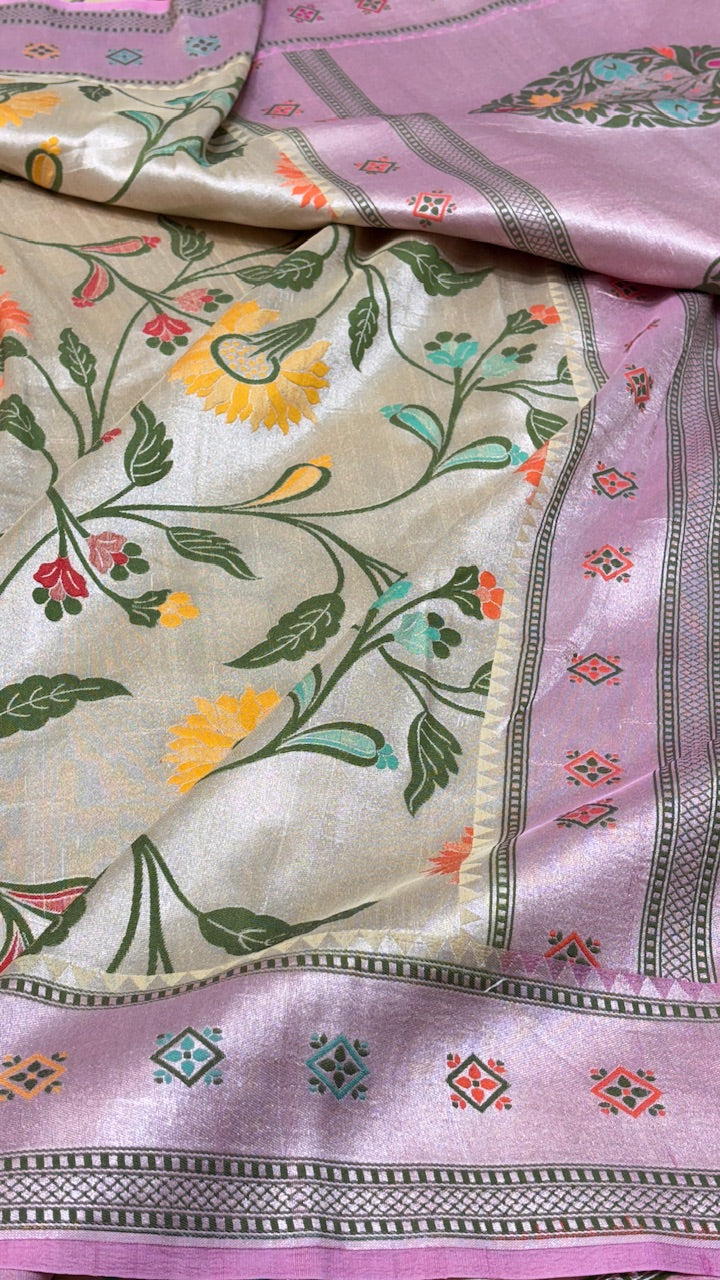 Lavender-Pink Pure Banarasi Tussar Handwoven Saree