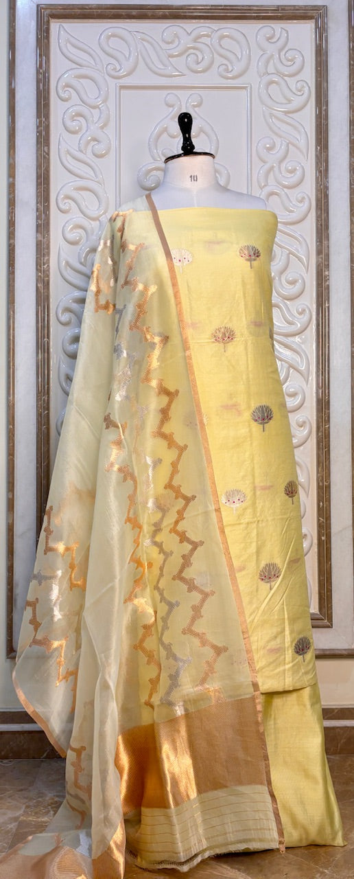 Pastel Yellow Banarasi Katan Chiniya Silk Suit