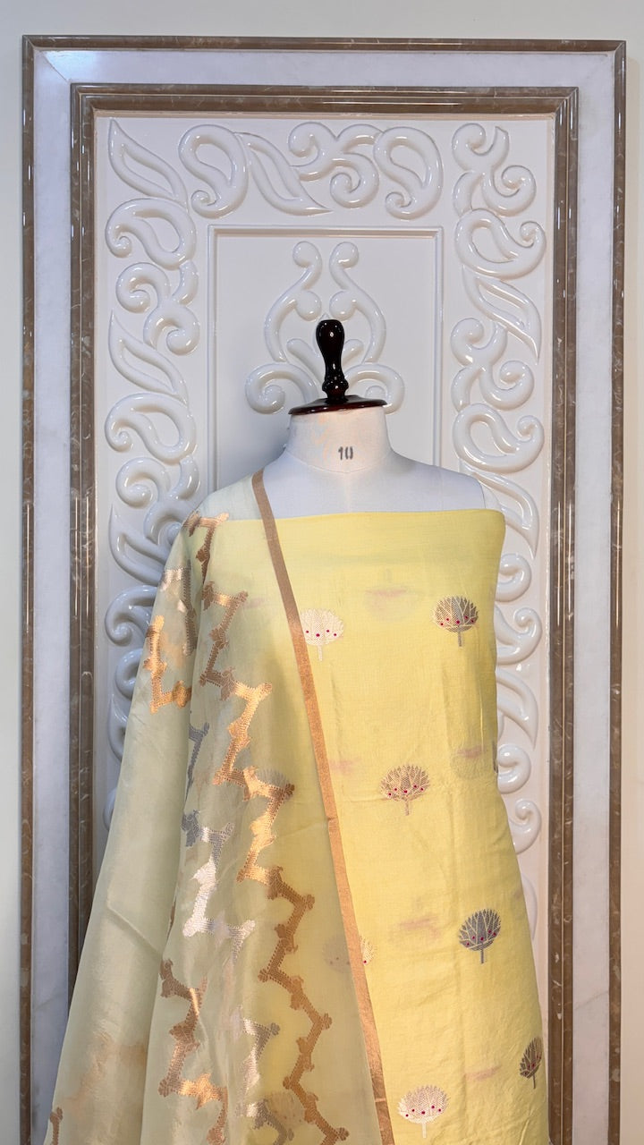 Pastel Yellow Banarasi Katan Chiniya Silk Suit