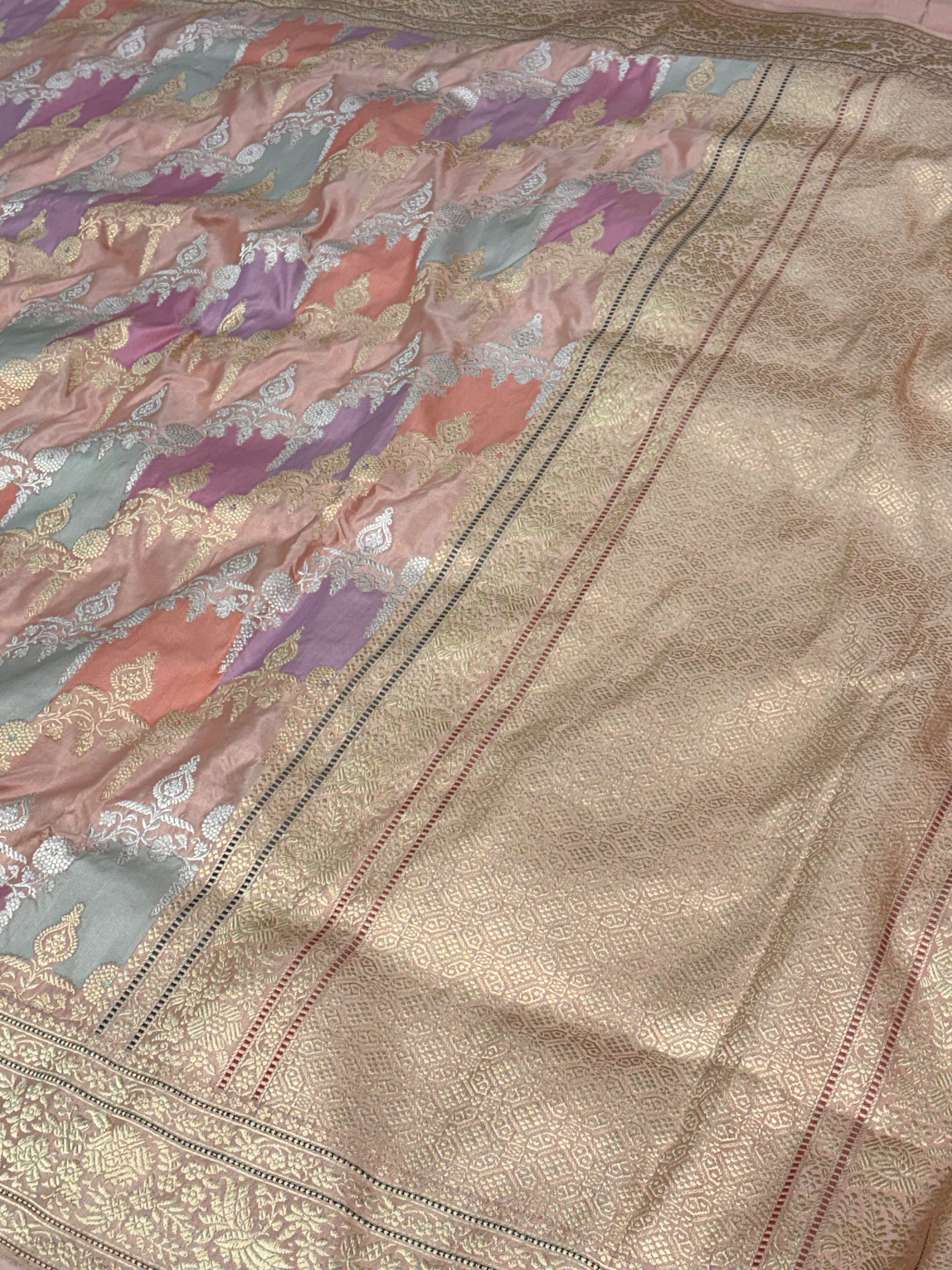 Pastel Baby Pink Handwoven Rangkaat Banarasi Katan Silk Saree