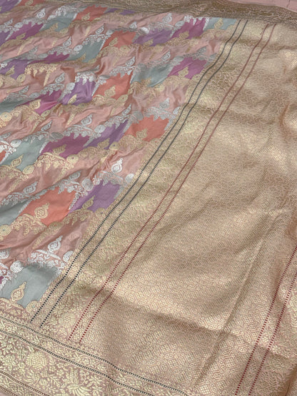 Pastel Baby Pink Handwoven Rangkaat Banarasi Katan Silk Saree