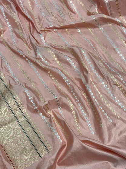 Pastel Baby Pink Handwoven Rangkaat Banarasi Katan Silk Saree