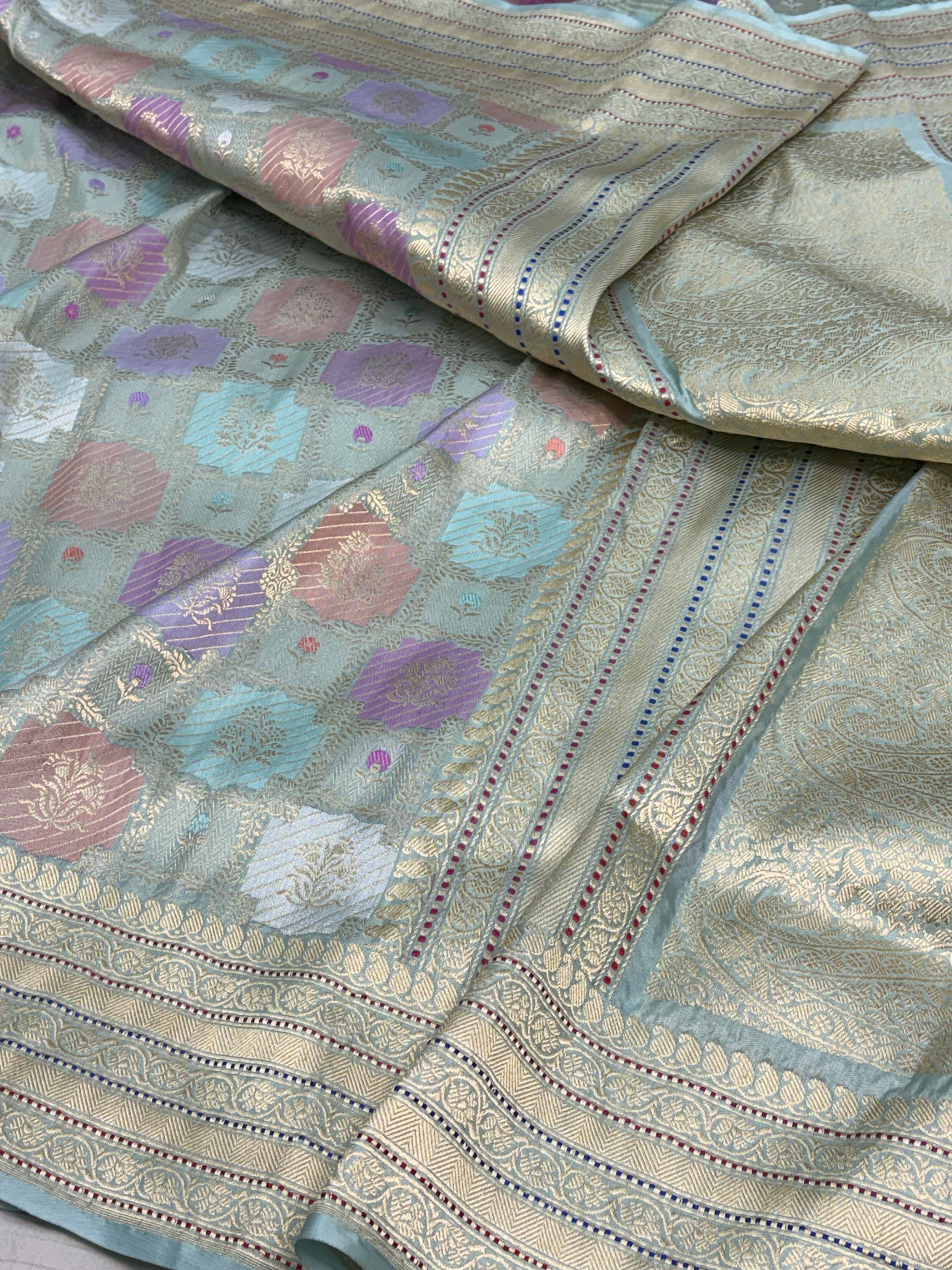Teal Blue Handwoven Rangkaat Banarasi Pure Katan Silk Saree