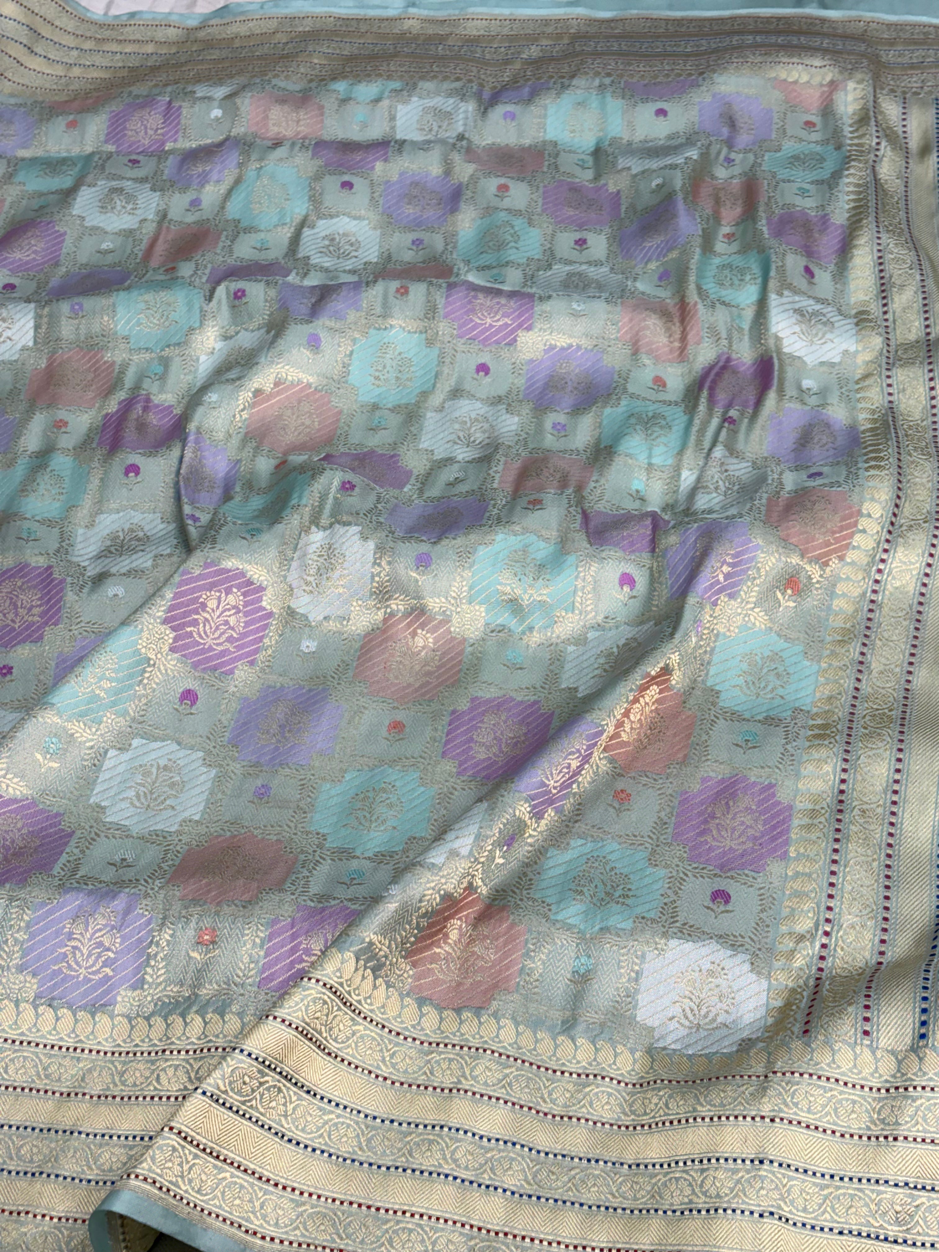 Teal Blue Handwoven Rangkaat Banarasi Pure Katan Silk Saree