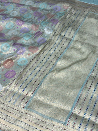 Teal Blue Handwoven Rangkaat Banarasi Pure Katan Silk Saree