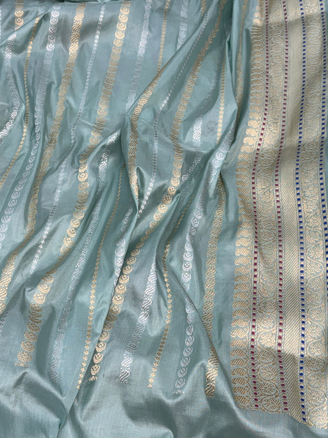 Teal Blue Handwoven Rangkaat Banarasi Pure Katan Silk Saree