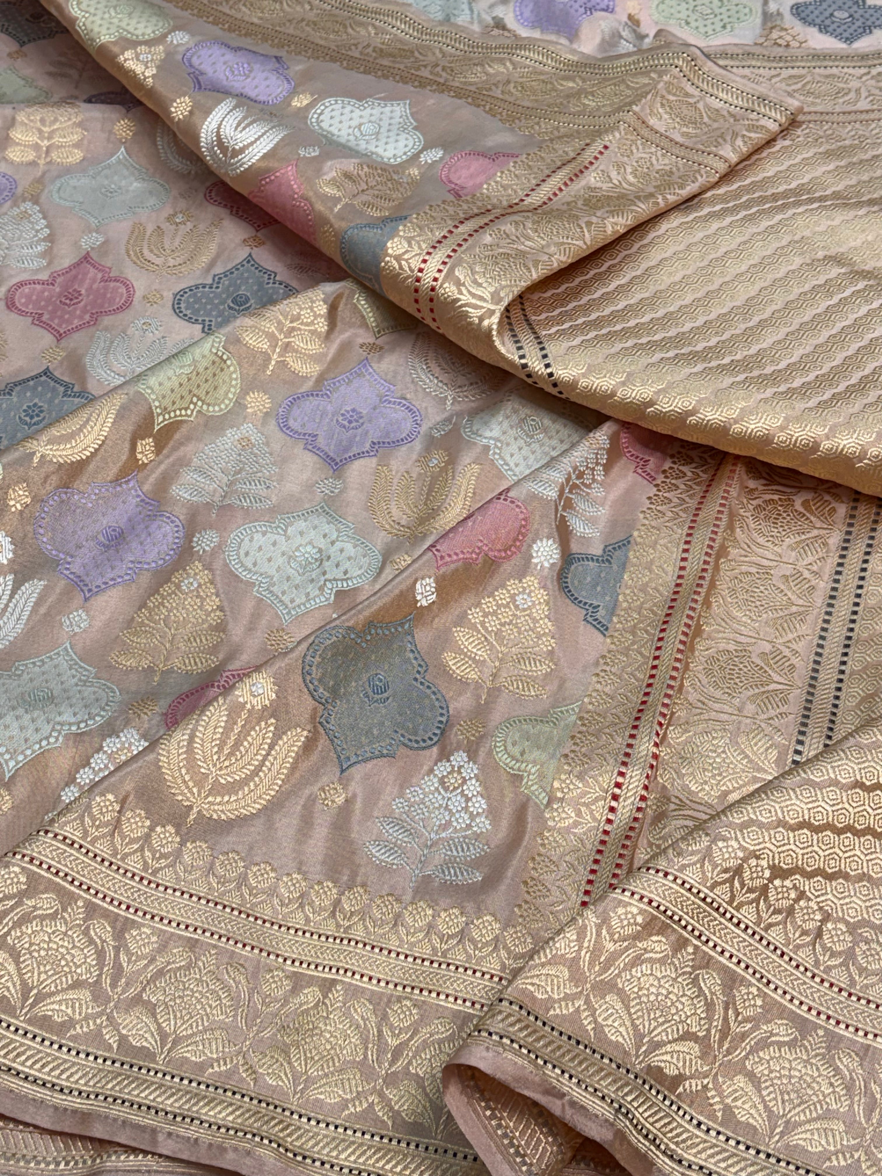 Antique Gold Beige Handwoven Rangkaat Banarasi Tissue Silk Saree