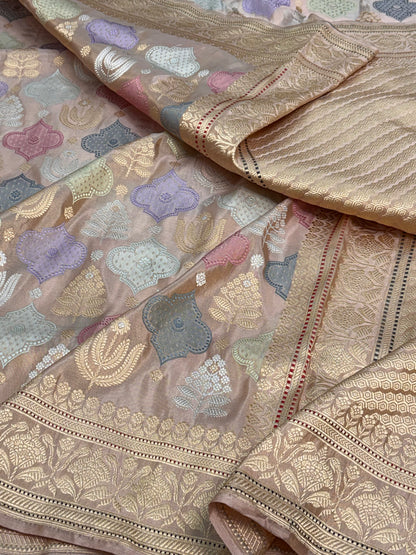 Antique Gold Beige Handwoven Rangkaat Banarasi Tissue Silk Saree