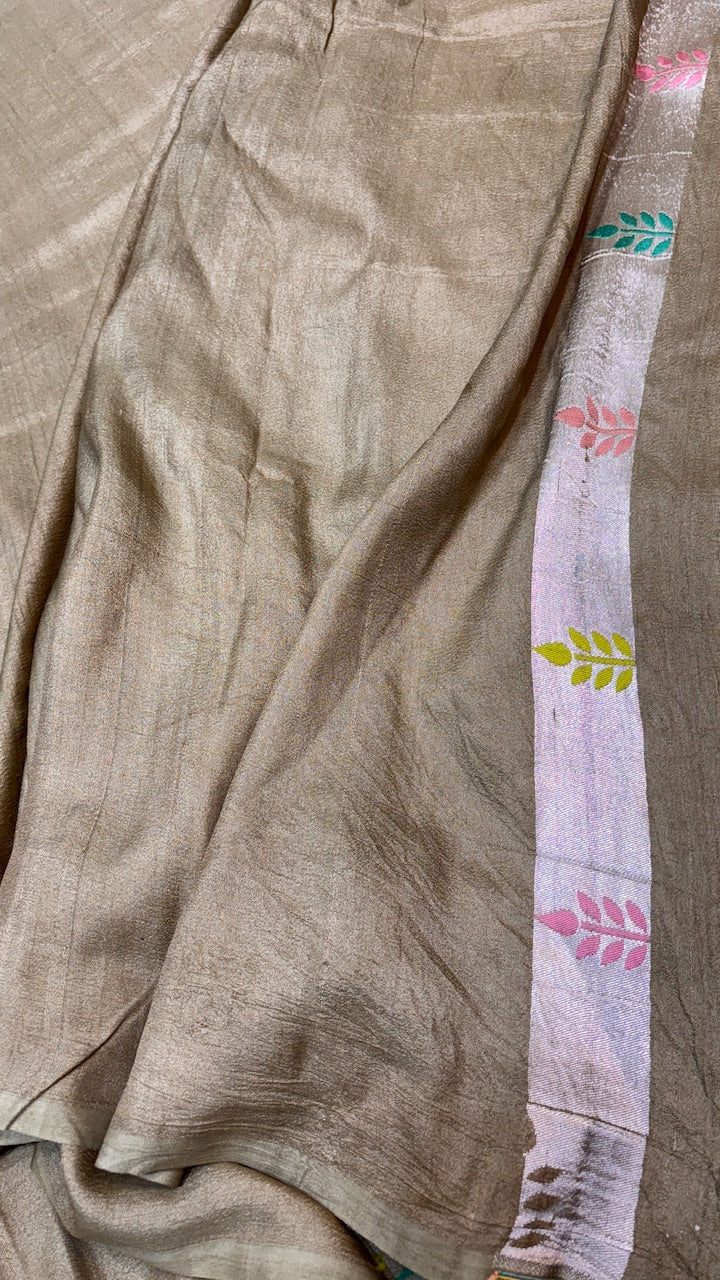 Muted Beige Pure Banarasi Tussar Handwoven Saree
