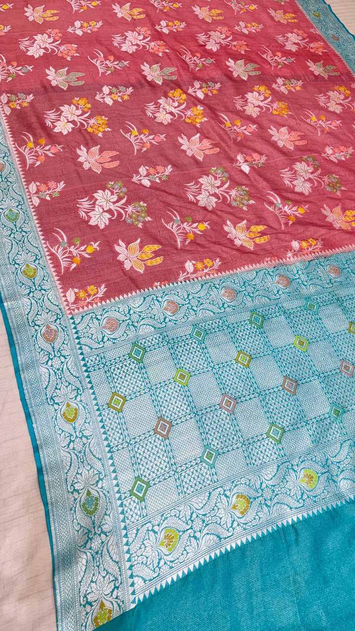 Red Pure Banarasi Tussar Handwoven Saree with Aqua Blue Border
